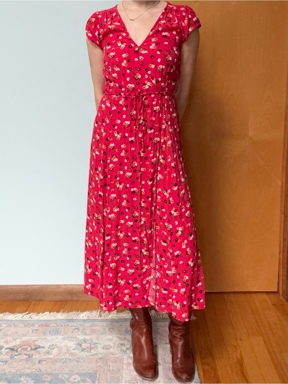 XS Gap Red & White Floral Print Dress Cottagecore Summer Dress Long Floral Dress